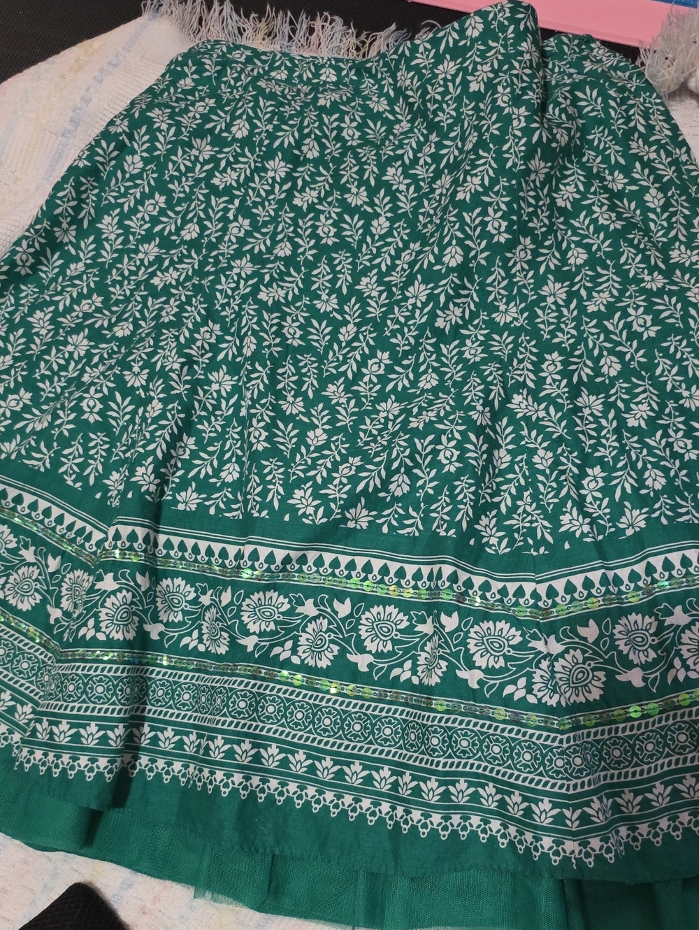 Green Floral Border Midi Skirt